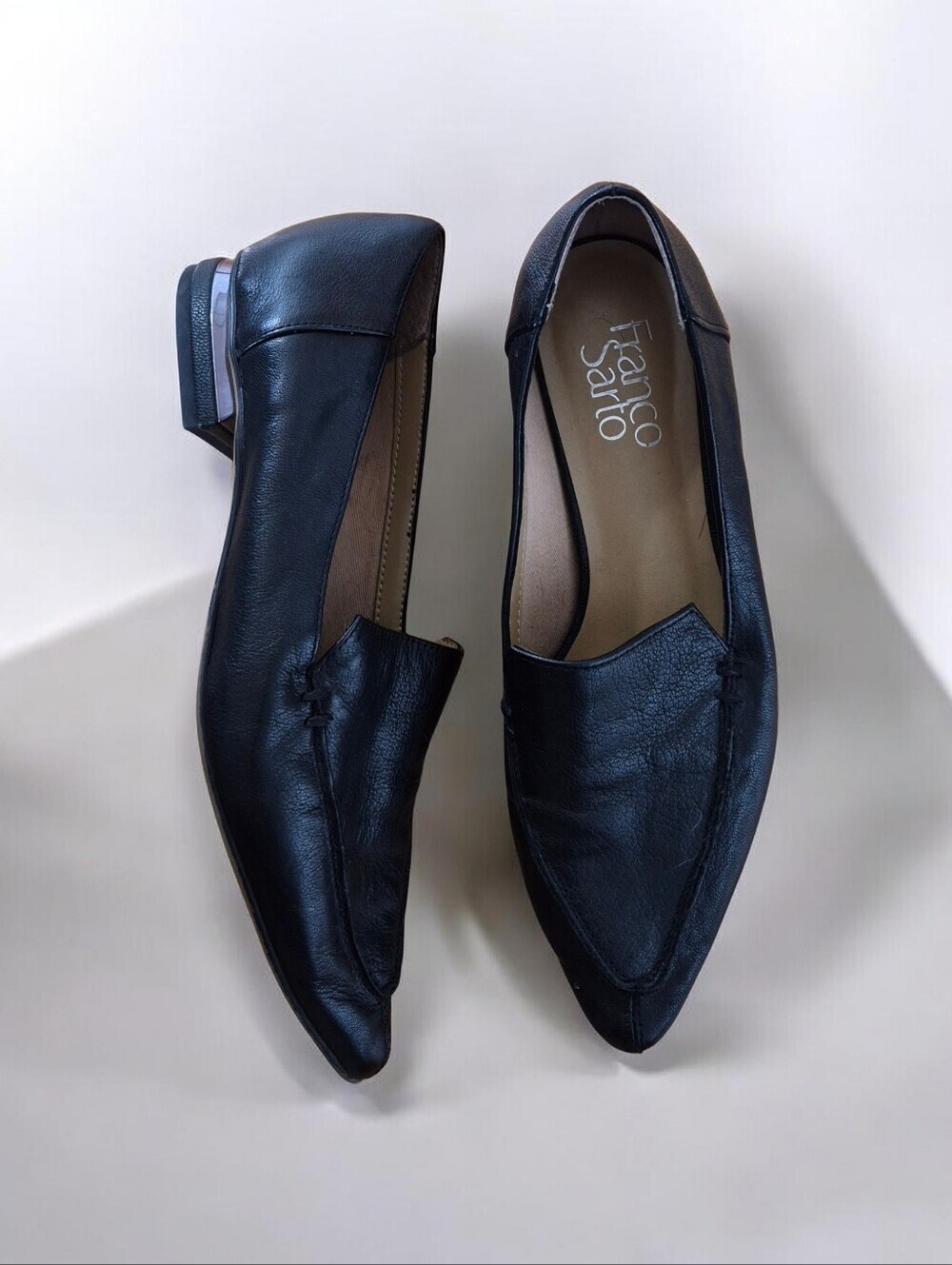 Franco Sarto Suzie Black Leather Pointed Toe Loafers Minimalist Chic Classic 6.5